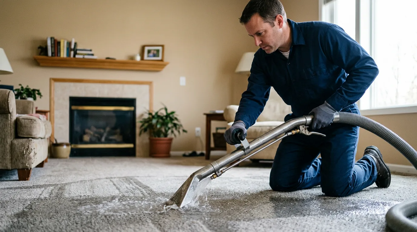 Water damage restoration technician working near Harristown, IL